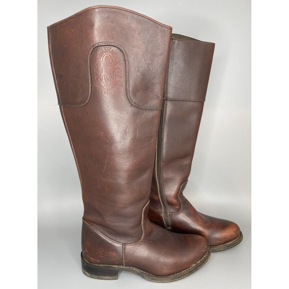 Vtg Sonora Tall Leather Western Riding Boots Women 6.5 Brown Logo Monogram Rodeo